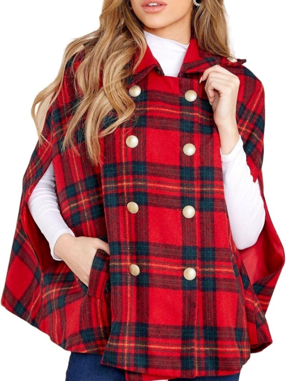Stylish Women's Plaid Double Breasted Winter Cape Coat with Pockets - Cozy